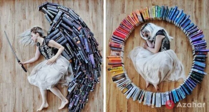 girl turned her huge library into a fantastic art project